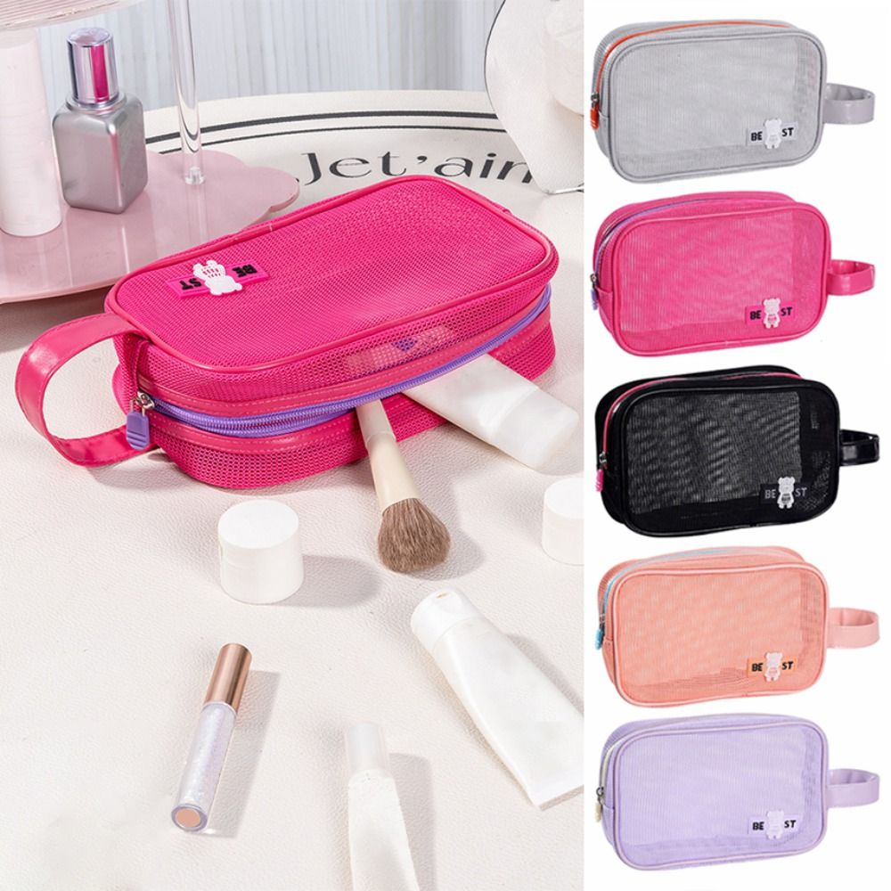 Cosmetic Bags - กระเป๋าเครื่องสำอางตาข่ายทนทาน มีหูหิ้ว ความจุขนาดใหญ่ กระเป๋าใส่ของใช้ส่วนตัวแบบพกพา มีซิป