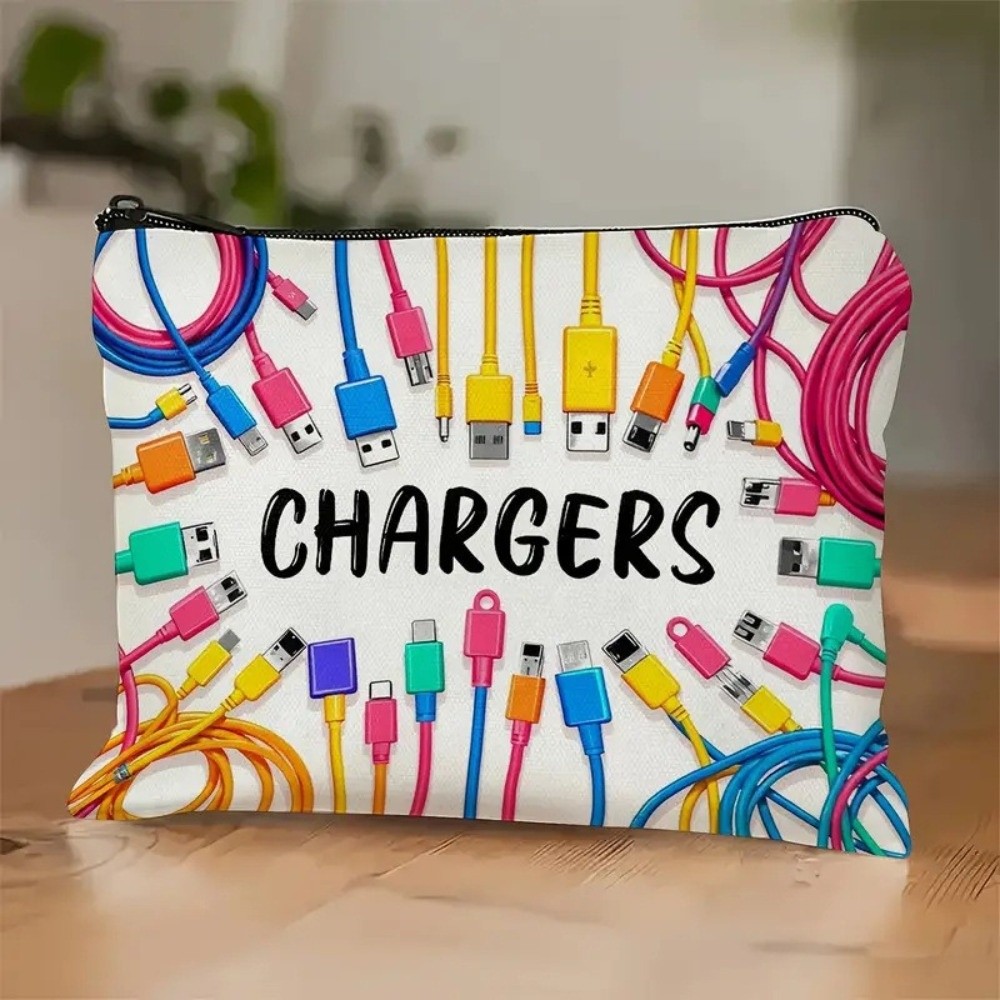 Cosmetic Bags - กระเป๋าเก็บสายชาร์จผ้าแคนวาสใหม่ ปิดด้วยซิป ลายพิมพ์ กระเป๋าจัดระเบียบสายเคเบิล ความจุขนาดใหญ่ กระเป๋าจัดระเบียบเครื่องสำอาง