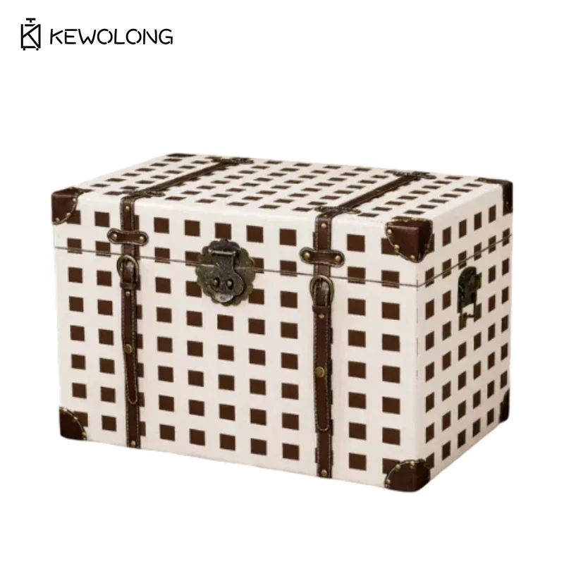 Retro Vintage Trunk Suitcase - กล่องเก็บของไม้ลายสก็อตวินเทจ กล่องใส่ของลายตารางสไตล์เรโทร กล่องจัดระเบียบตกแต่งสำหรับใช้เป็นพร็อพถ่ายภาพ